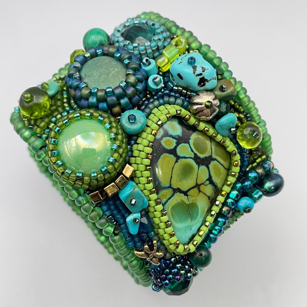 LARGE Beaded Turquoise Boho Cuff Bracelet Adjustable Statement Chunky Bracelet - Picture 5 of 17